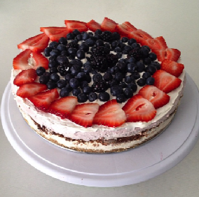 Triple Layer Cheesecake: Classic Cheesecake, Brownie, & Berry Cheesecake, Whipped Cream & Fruit Triple Layer Cheesecake: Classic Cheesecake, Brownie, & Berry Cheesecake, Whipped Cream & Fruit